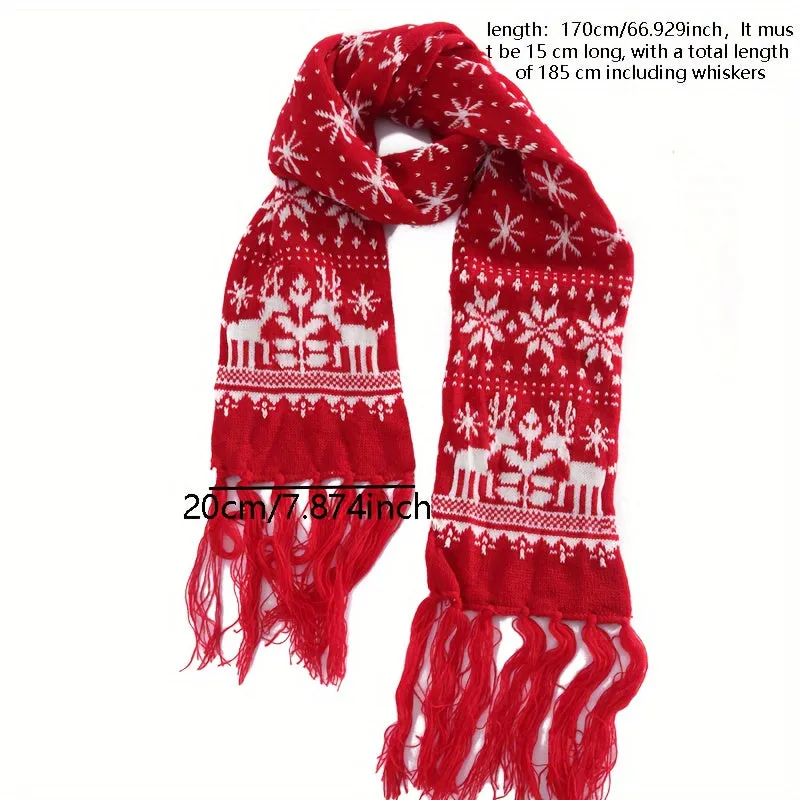 Black/Red Christmas Scarf, Cute Style Deer Snowflake Jacquard Knit Scarf, Winter Thick Warm Tassel Scarf