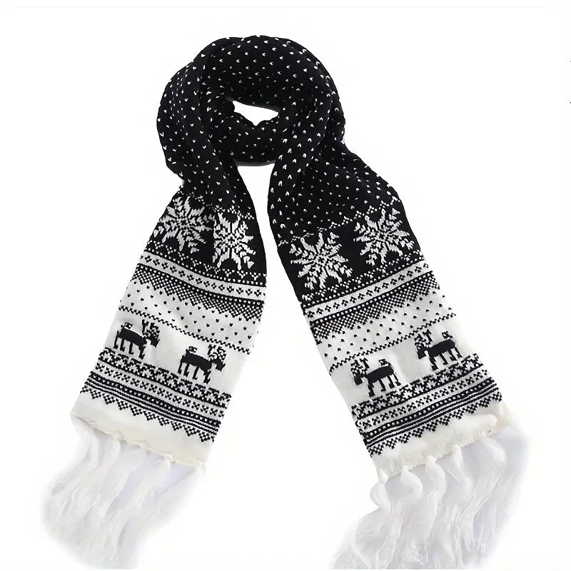 Black/Red Christmas Scarf, Cute Style Deer Snowflake Jacquard Knit Scarf, Winter Thick Warm Tassel Scarf