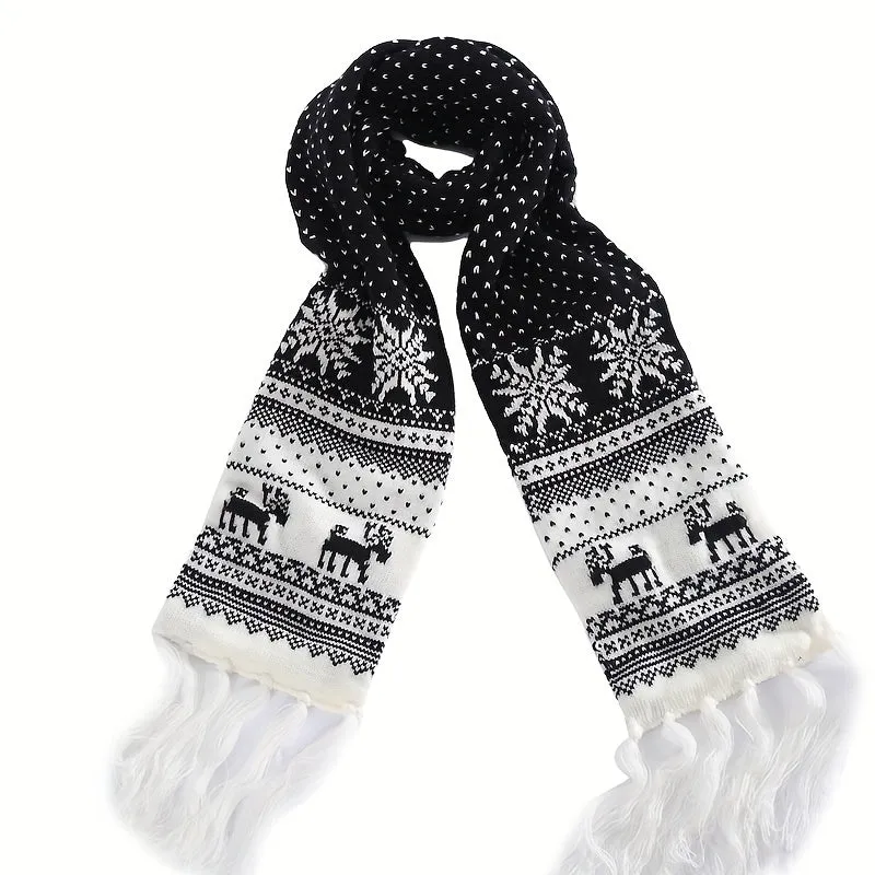 Black/Red Christmas Scarf, Cute Style Deer Snowflake Jacquard Knit Scarf, Winter Thick Warm Tassel Scarf