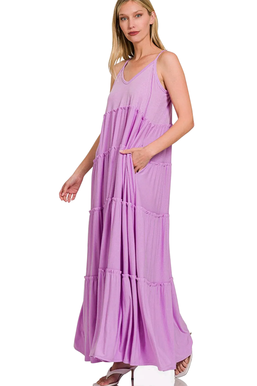 Zenana Frill Tiered V-Neck Maxi Cami Dress